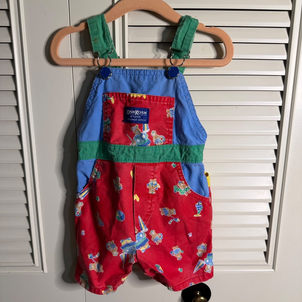 Vintage OshKosh B'gosh Teddy Bear Beach Shortall Overalls Red Blue Green 2T